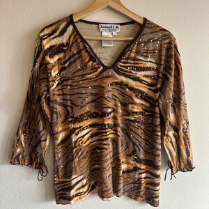 Silk Brown & Gold Animal Print V-Neck Top